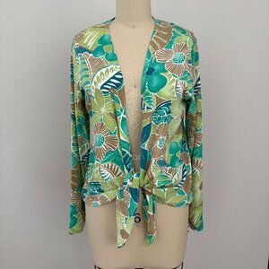 Hearts of Palm Women's Green & Teal Floral Tropical Long Sleeve Tie-Front Top M